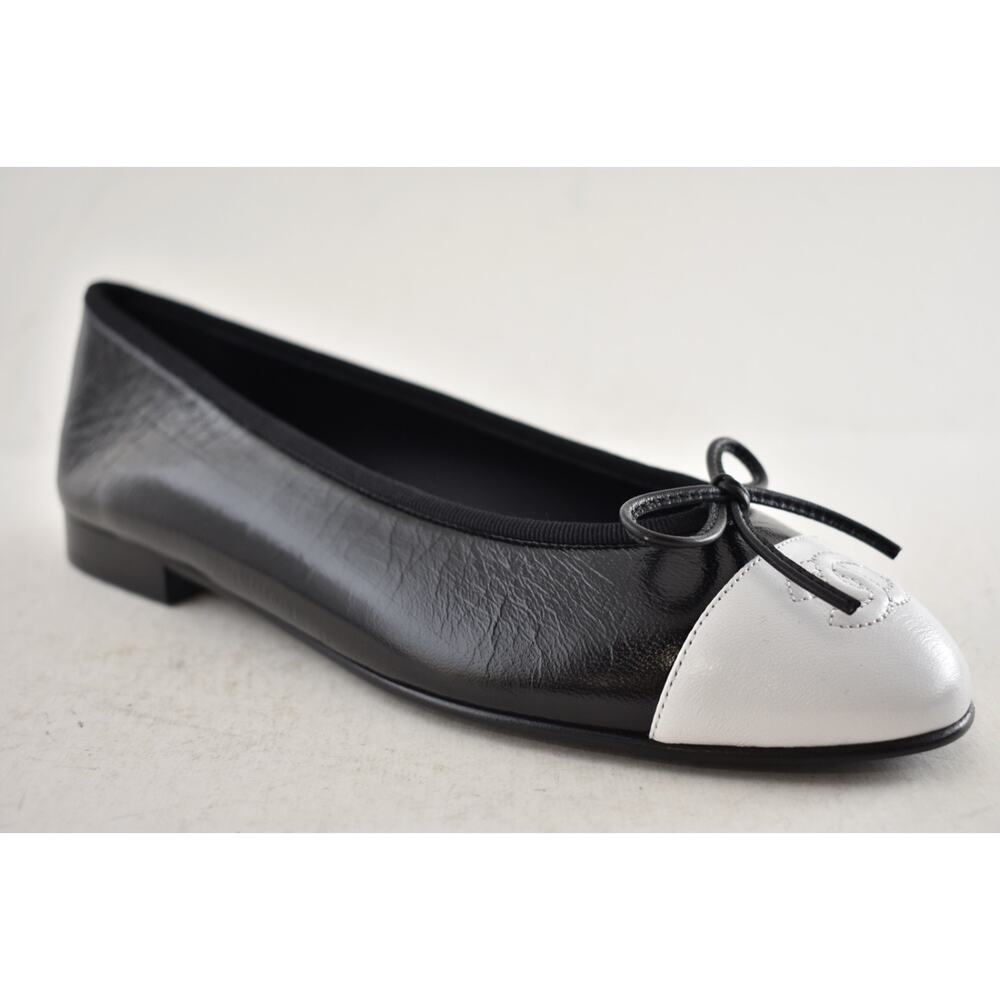 Chanel 26S Black White Crumpled Shiny Lambskin CC Bow Ballet Ballerina Flat 38.5 - Picture 5 of 16